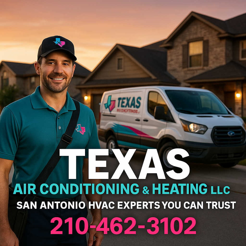 San Antonio HVAC technician with service van providing AC repair, installation and heating service at a residential home