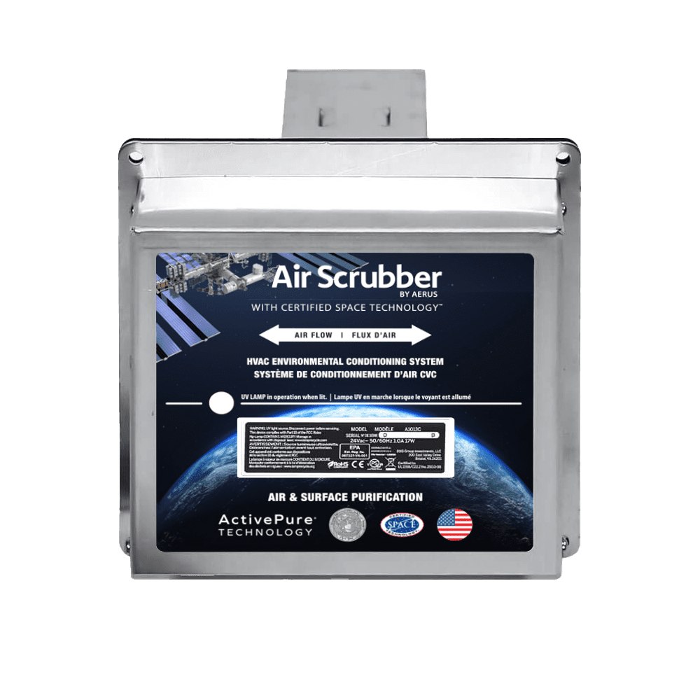 Texas Air Conditioning & Heating LLC logo with AeroScrubber (Air Scrubber/UV) installed in HVAC ductwork for improved indoor air quality in San Antonio TX.