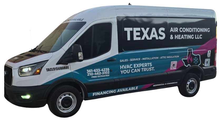 Texas Air Conditioning & Heating service van parked in San Antonio neighborhood