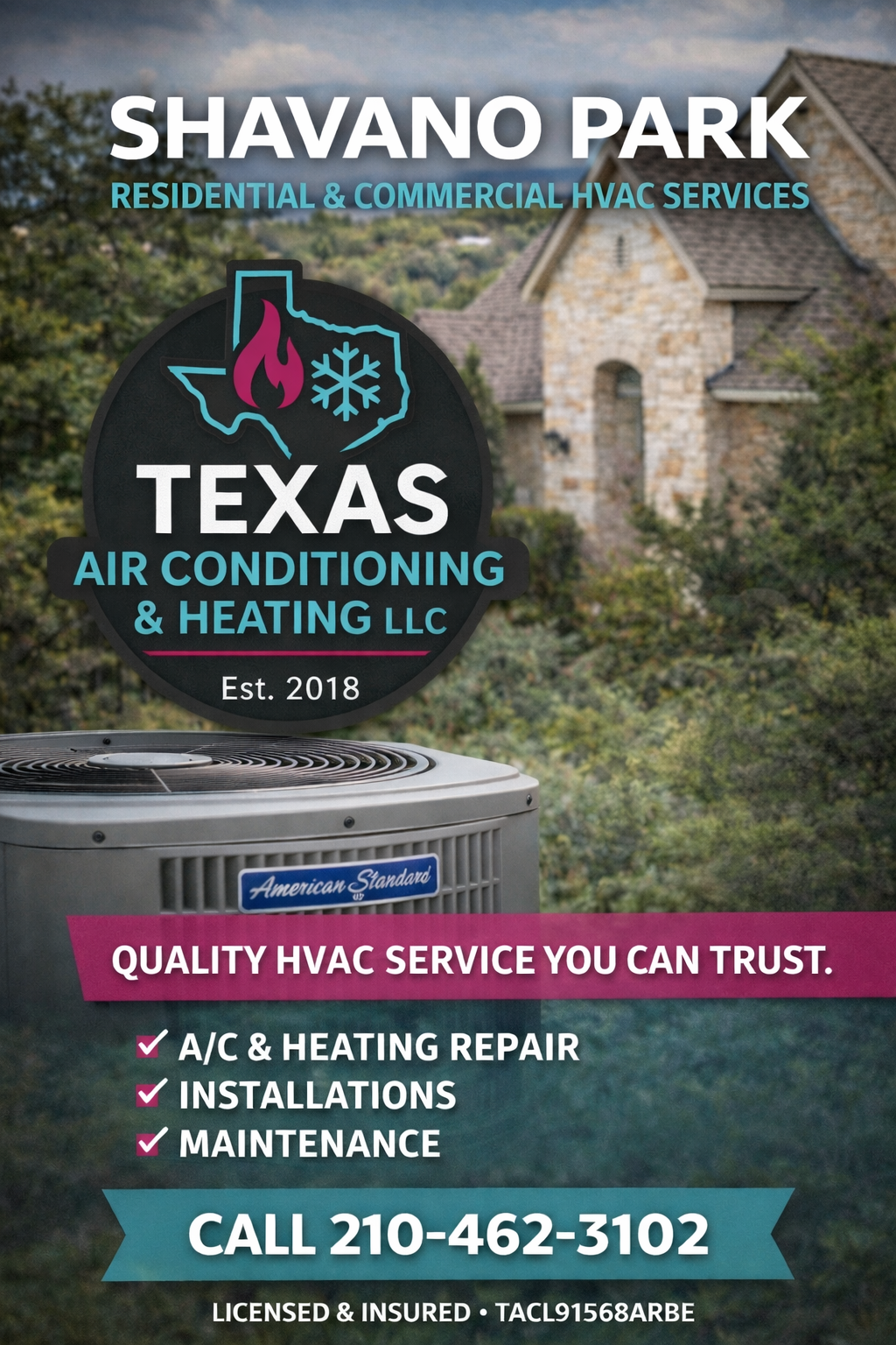 Shavano Park HVAC repair service graphic with EST 2018 and 210-462-3102